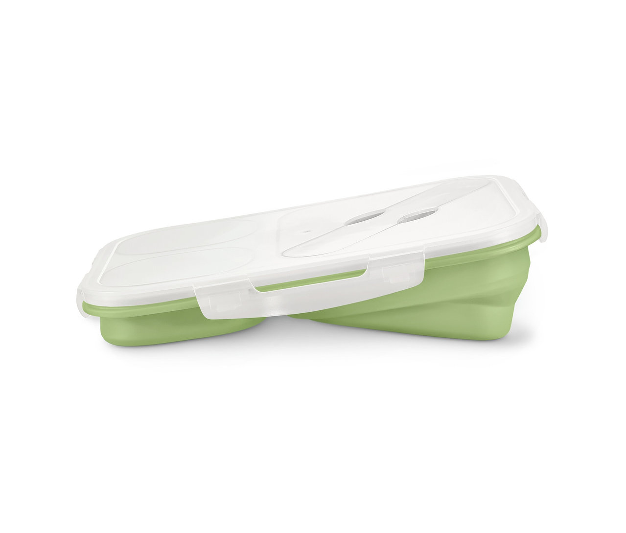 Eine grüne, faltbare Lunchbox mit transparentem Deckel.
