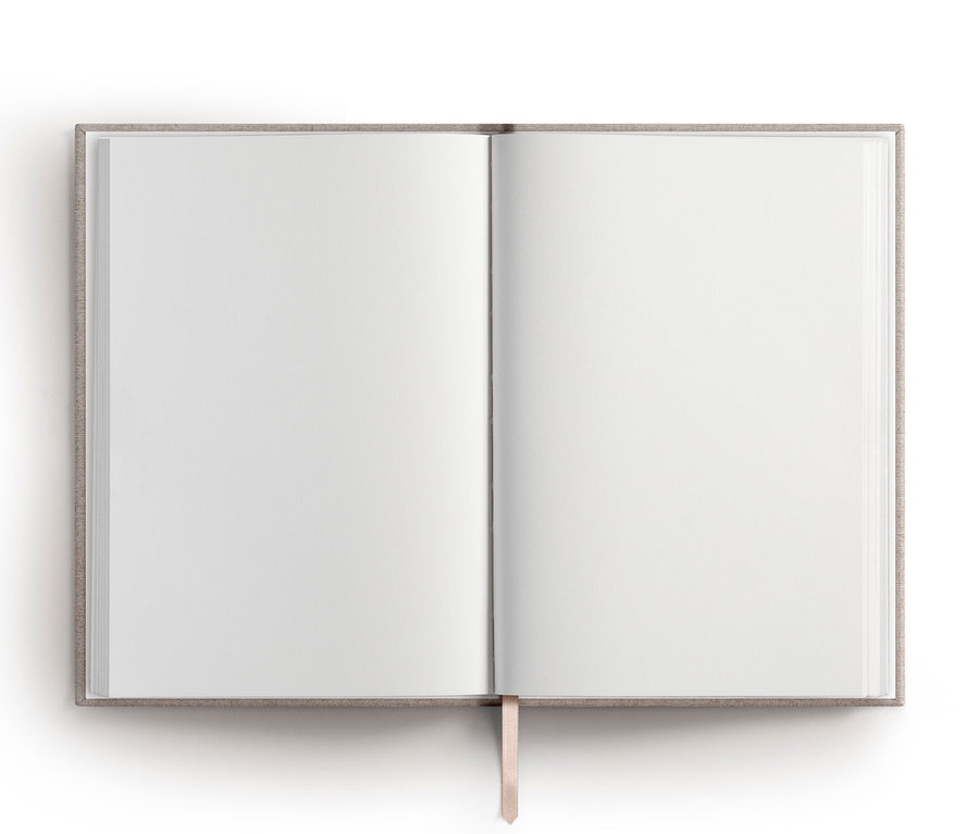 Geöffnetes graues Notizbuch »Vision« mit leeren Seiten.