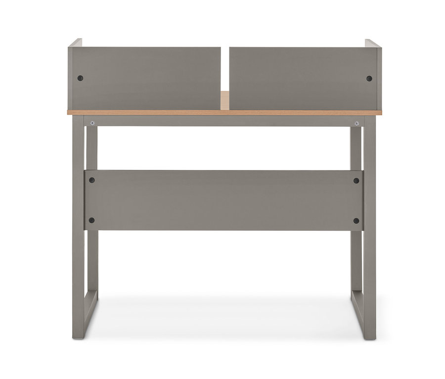 Ein grauer Sekretär mit seitlicher Umrandung.