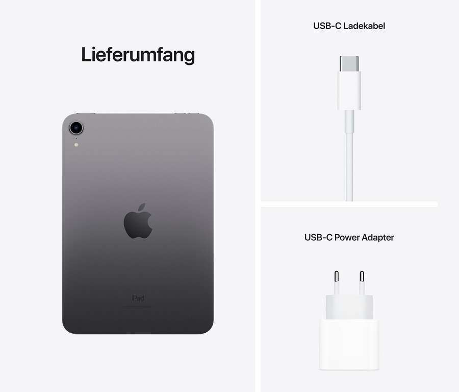 Lieferumfang: Apple iPad mini 2021 8,3" 256 GB, Space Grau, USB-C-Ladekabel, USB-C-Netzteil.