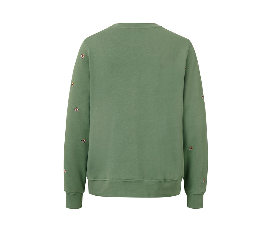 Rückseite eines bestickten Sweatshirts in Grün.