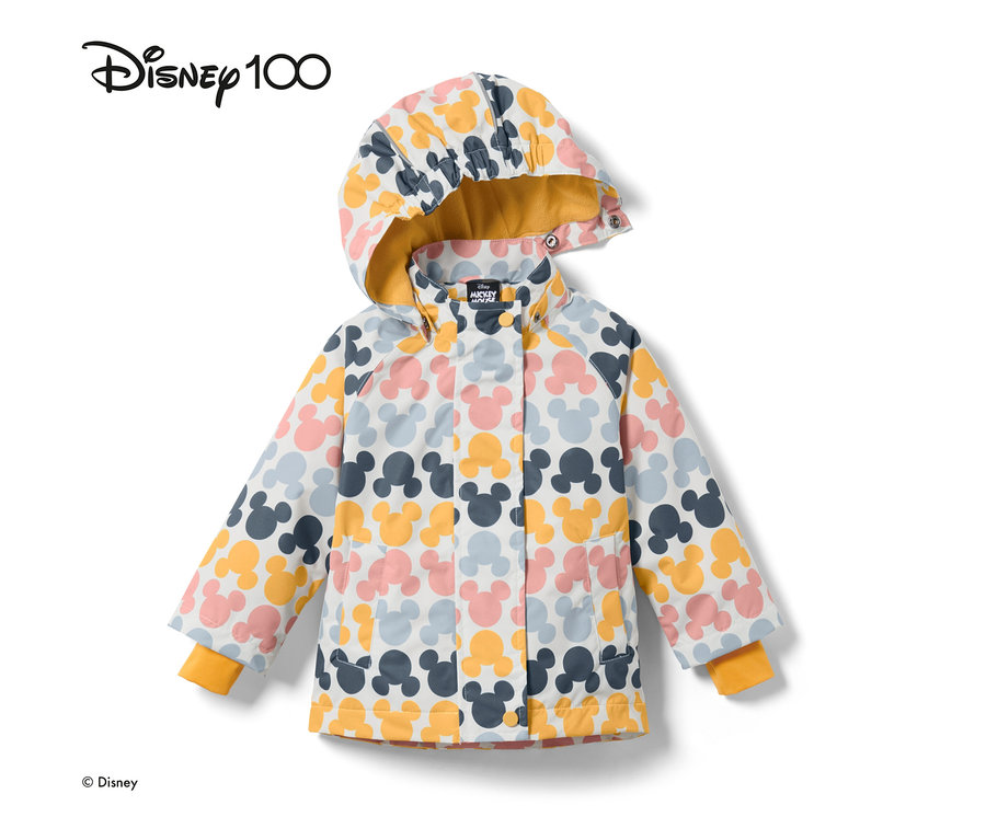 Detailansicht der mehrfarbigen Kleinkind-Thermo-Regenjacke »Micky« mit Kapuze und Mickey Mouse Muster.