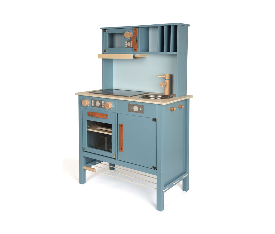 Eine blaue small foot Kinderküche kompakt »tasty« mit Ofen, Kochfeld, Spüle und Mikrowelle.