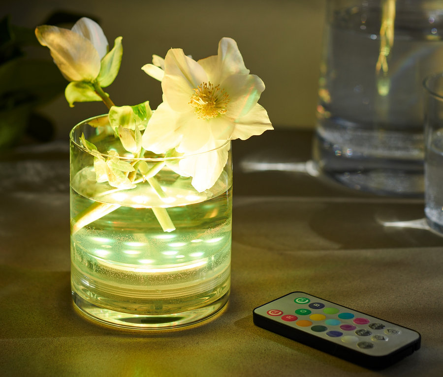 Blumen in Vase mit LED-Unterwasserlicht mit Farbwechsel und Fernbedienung.