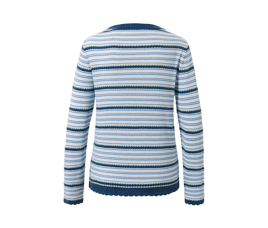 Rückansicht eines Feinstrickpullovers mit horizontalen Streifen in Blau, Grün und Weiß.