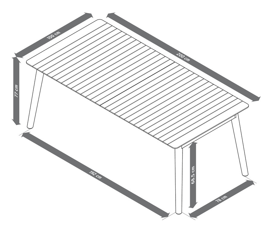 Abbildung eines Teak-Ausziehtischs mit Maßangaben.