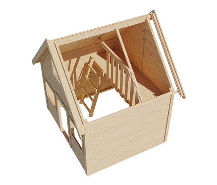 Unvollständige Holzkonstruktion des Karibu Spielhauses »Kalle« mit Fenstern und Treppe.