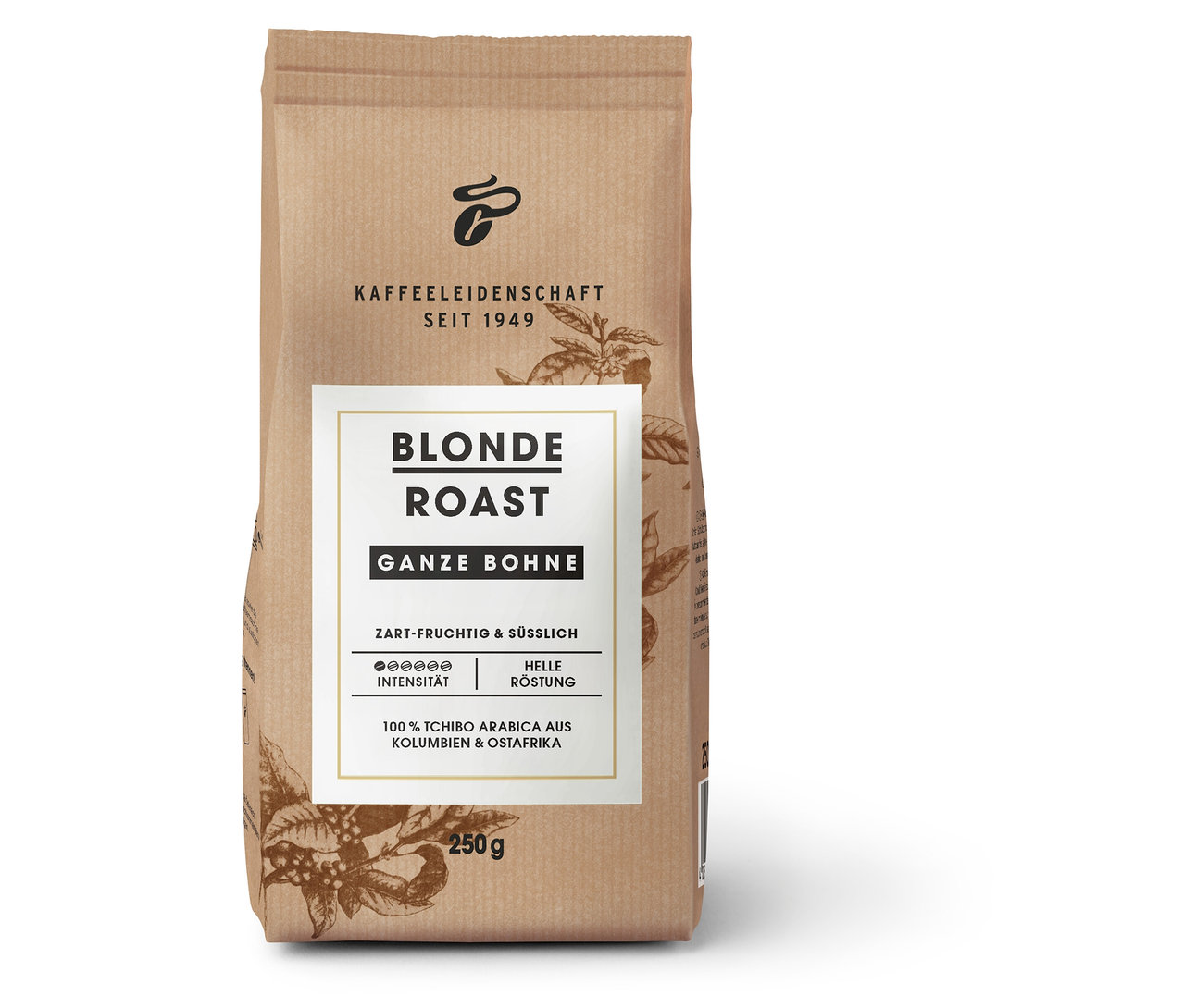 Eine Packung Blonde Roast - 250 g Ganze Bohne Kaffee steht aufrecht.