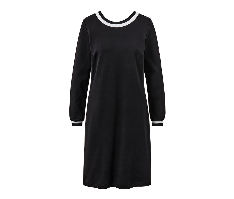 Schwarzes Interlock-Kleid mit langen Ärmeln und weißem Saum um Hals und Manschetten.