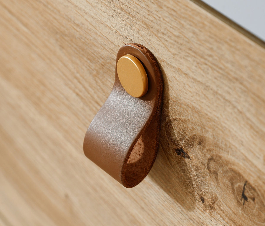 Detailaufnahme eines Rauch Drehtürenschranks »Homey« mit braunem Ledergriff und goldenem Knopf an einer Holztür.