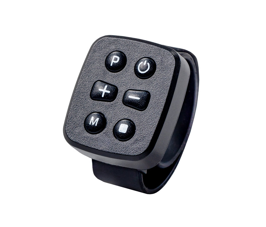 Schwarze Christopeit Sport Walking Pad 4.0 Fernbedienung mit Tasten auf weißem Hintergrund.
