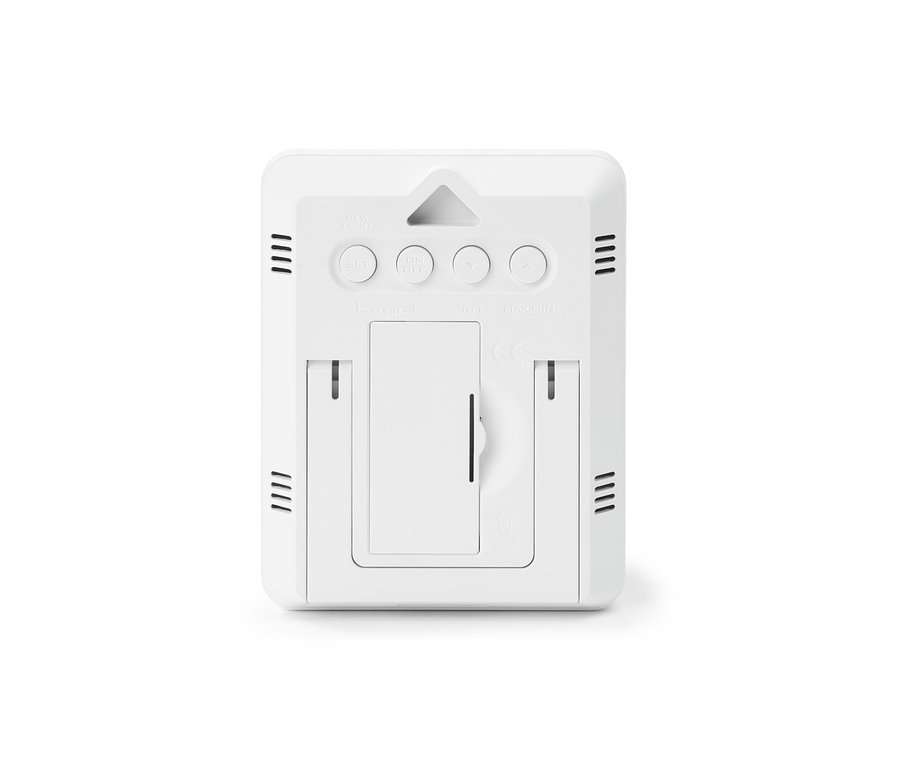 Rückseite eines digitalen Hygrometers mit Schimmelalarm, das Tasten und ein Batteriefach hat.