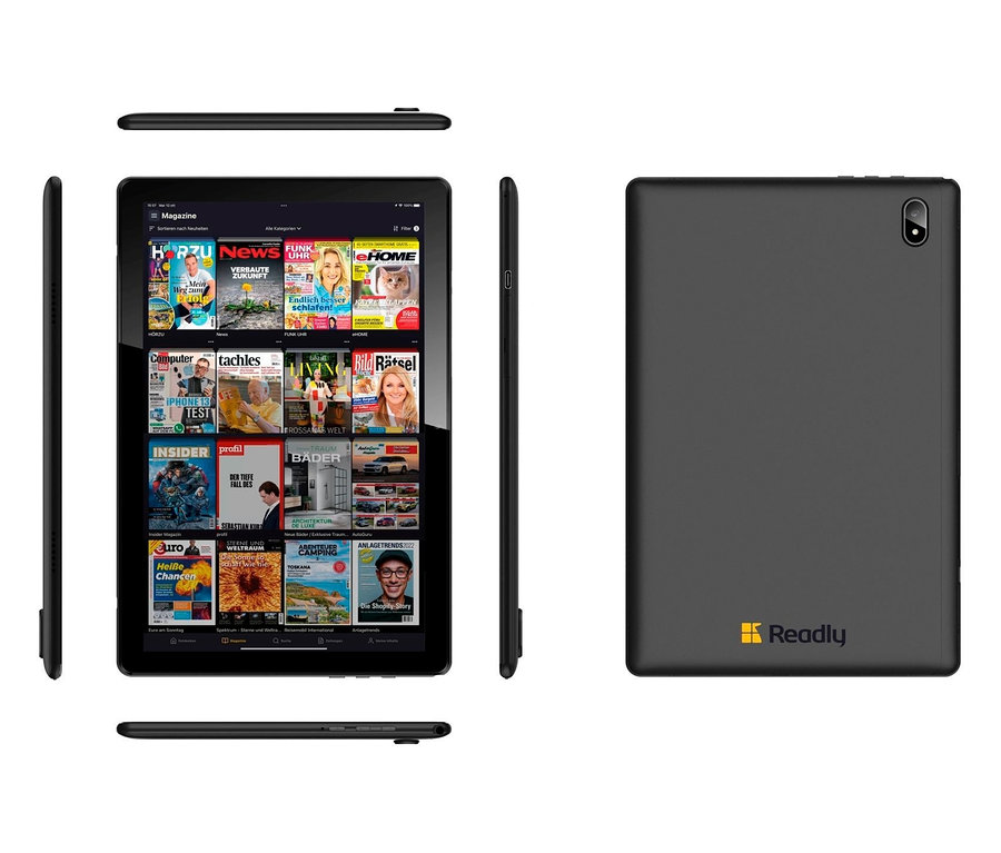 Ein schwarzes Readly Reader Android 12 Tablet mit Deutschlands großem digitalen Kiosk, aus verschiedenen Blickwinkeln gezeigt.