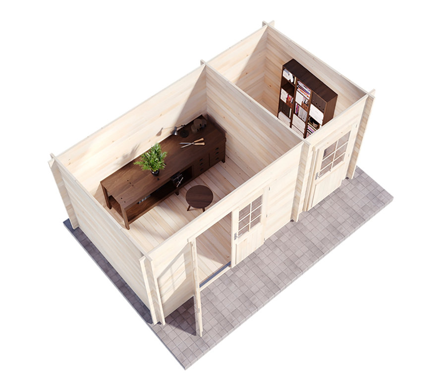 Draufsicht auf ein Gartenhaus mit 2 Räumen, 28 mm. Ein Zimmer hat einen Schreibtisch und einen Stuhl.