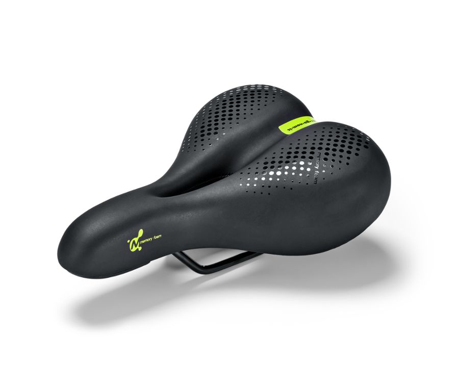 Schwarzer Komfort-Fahrradsattel mit Memory-Foam und Löchern.