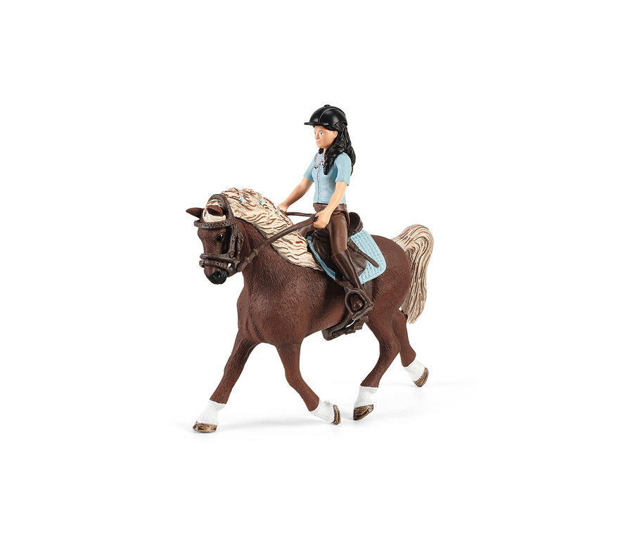Figur einer Reiterin auf einem braunen Schleich »Horse Club« Waschplatz Pferd.