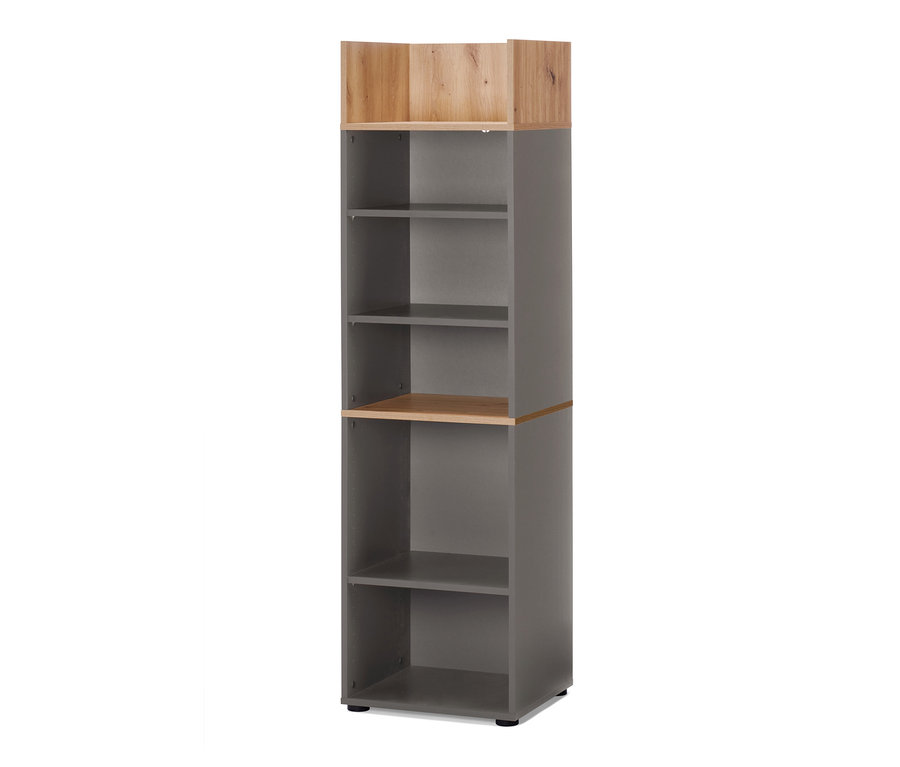 Ein offener grauer Büroschrank mit Holzakzenten.