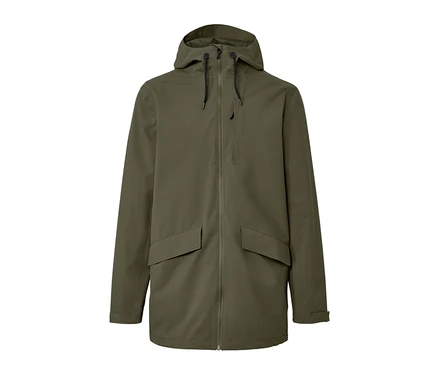 Olivegrüne Outdoorjacke mit Reißverschluss und Kapuze.