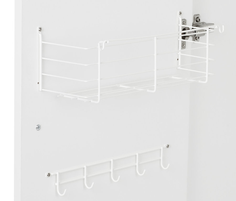 Inneres eines universalen Aufbewahrungsschranks mit 2 Türen, mit einem Drahtregal und einer Hakenleiste.