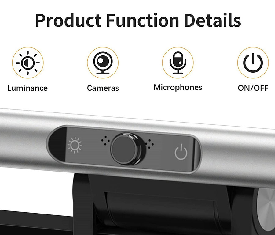 Silberne 2-in-1-LightBar-Pro-Monitorlampe mit Full-HD-Webcam ist an der Oberseite eines Monitors befestigt.