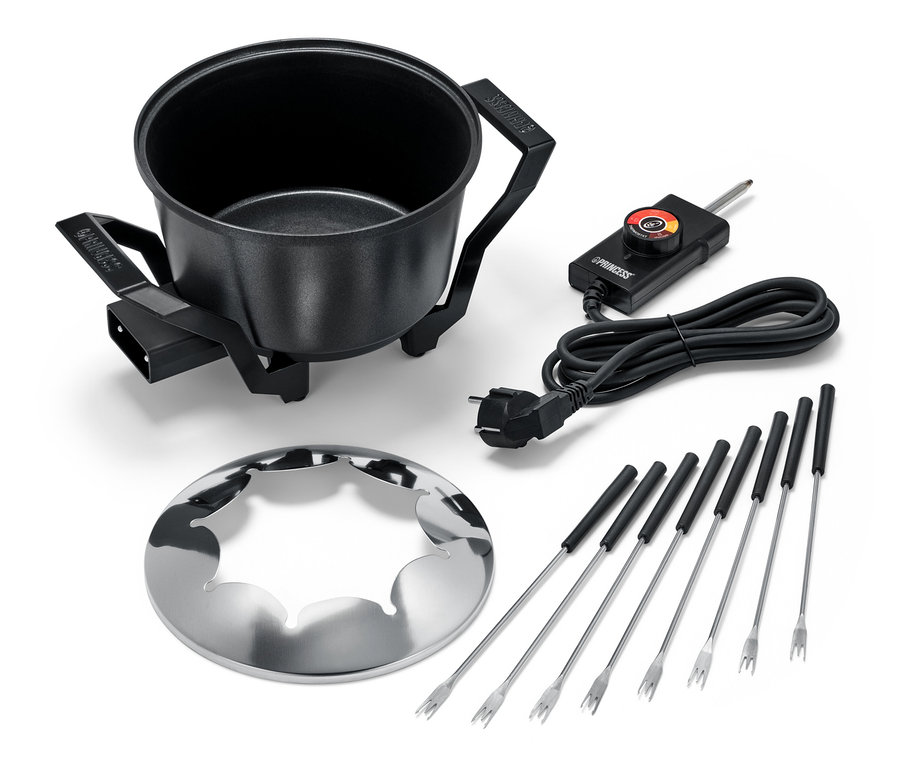 Schwarzes Fondue-Set mit Spritzschutz aus Edelstahl und Gabeln.