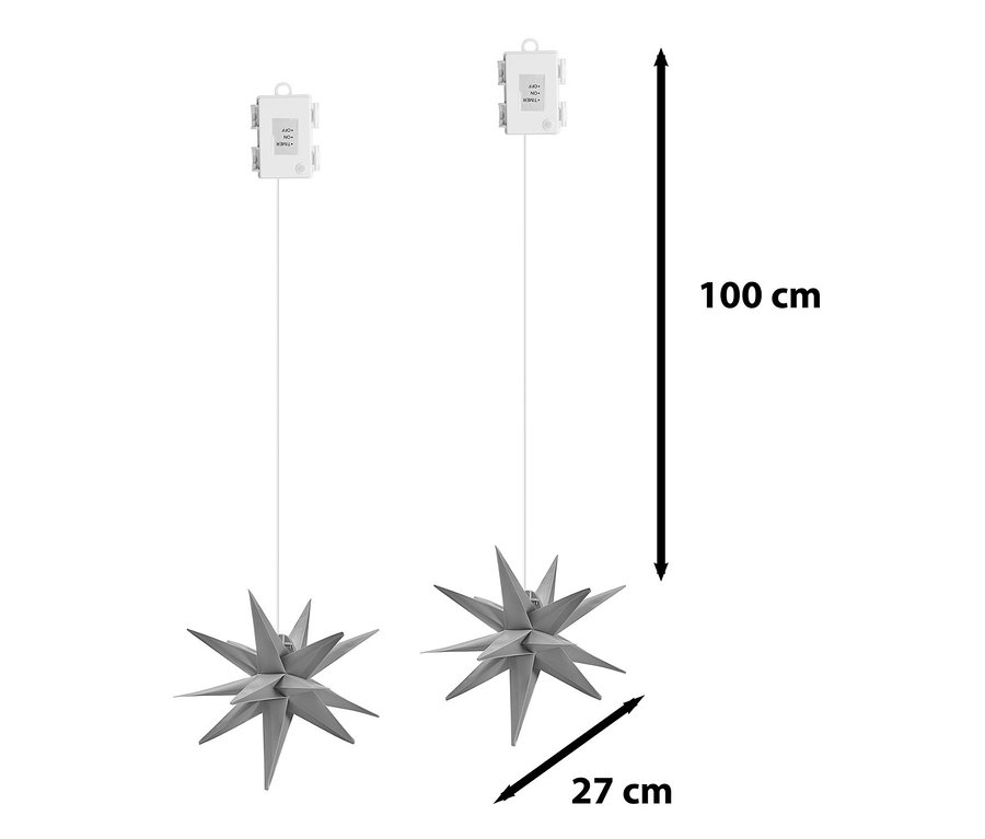 Zwei graue AMARE LED-Sterne, je 27 cm im Durchmesser, hängen an weißen Kabeln. Die Kabellänge beträgt 100 cm.