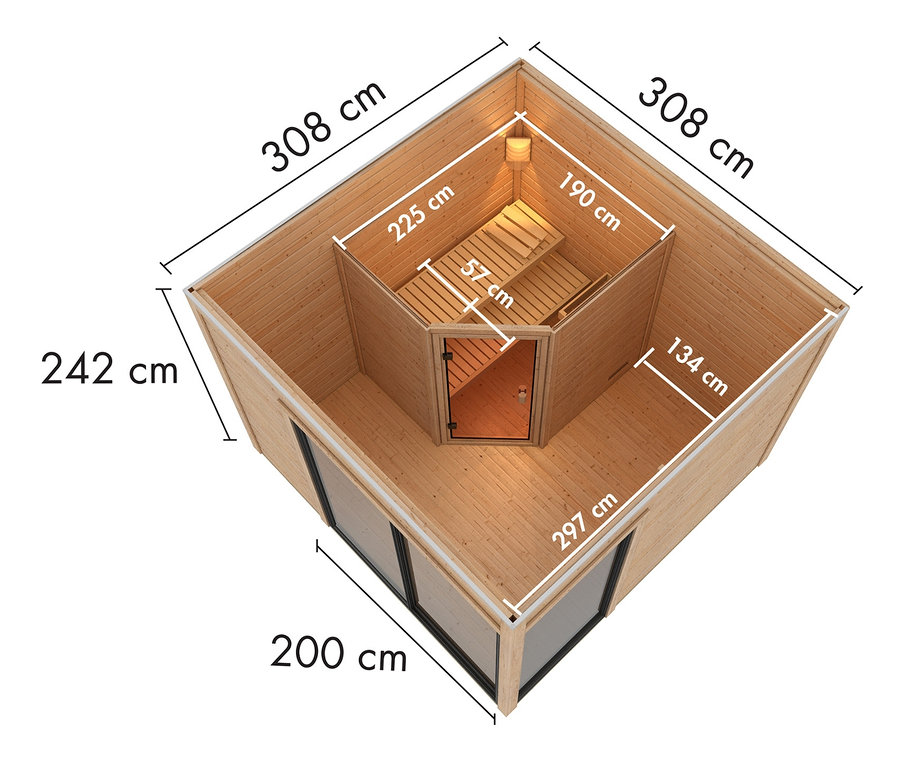 Draufsicht der Abmessungen des Karibu Saunahauses »Linda Bio« in Naturfarben und des Karibu Saunahauses »Linda Holzofen« in Anthrazit.
