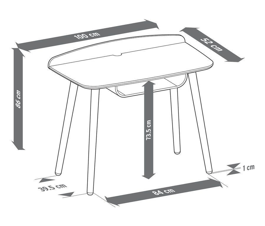Skizze eines Schreibtisches mit Maßangaben.