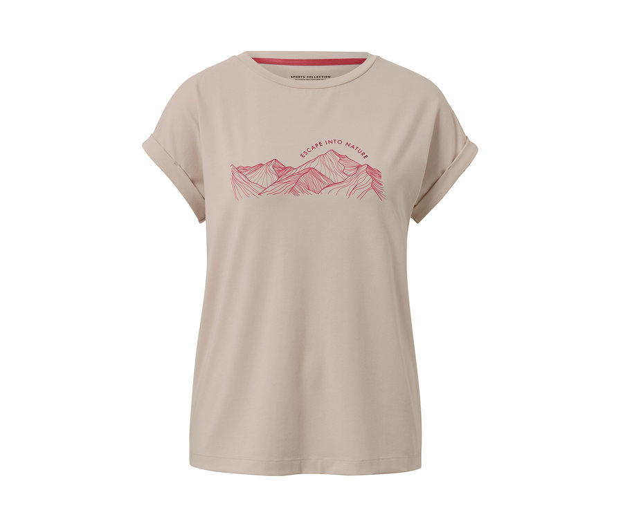 Ein beiges T-Shirt mit Bergprint.