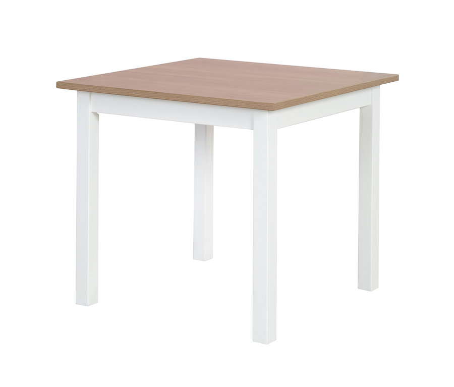 Quadratischer Tisch mit weißen Beinen und hölzerner Tischplatte. Roba Kindersitzgruppe »Woody«.