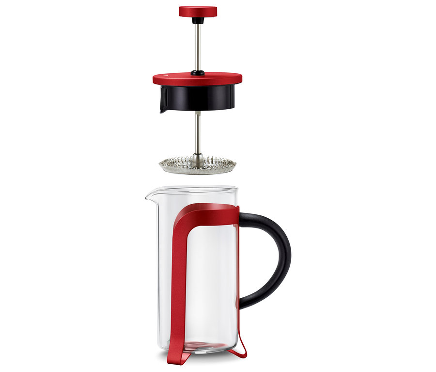 Eine zerlegte, rote Siebstempelkanne mit 300 ml Fassungsvermögen für 2 Tassen.