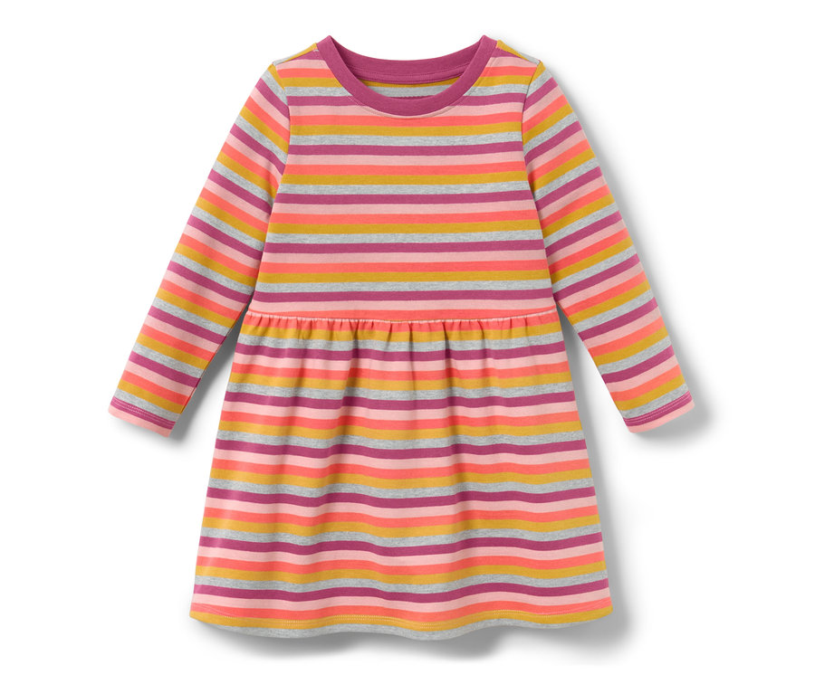 Kinder-Sweatkleid mit langen Ärmeln, rosa, orange, gelb und grau gestreift.