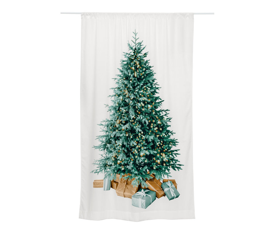 Motiv-Vorhang mit einem Weihnachtsbaum und Geschenken.