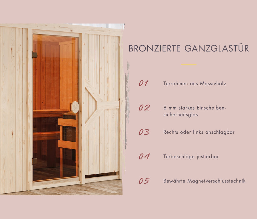 Karibu Sauna »Irina 1« mit Fronteinstieg und Ganzglastür.
