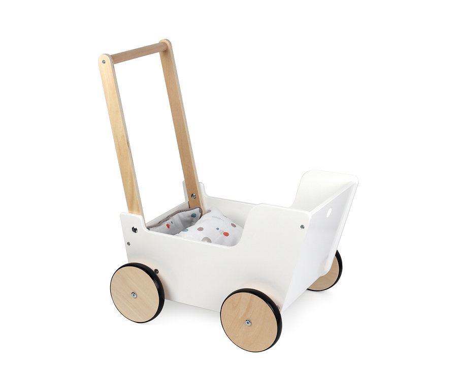 Weißer small foot Schiebe- und Puppenwagen »Little Button« mit Holzgriff und Rädern.