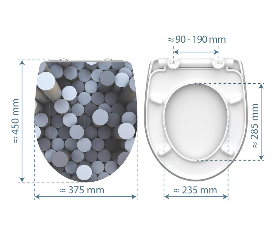 Abbildung eines SCHÜTTE Duroplast-Hochglanz-WC-Sitzes »ROUND DIPS« mit Maßangaben.