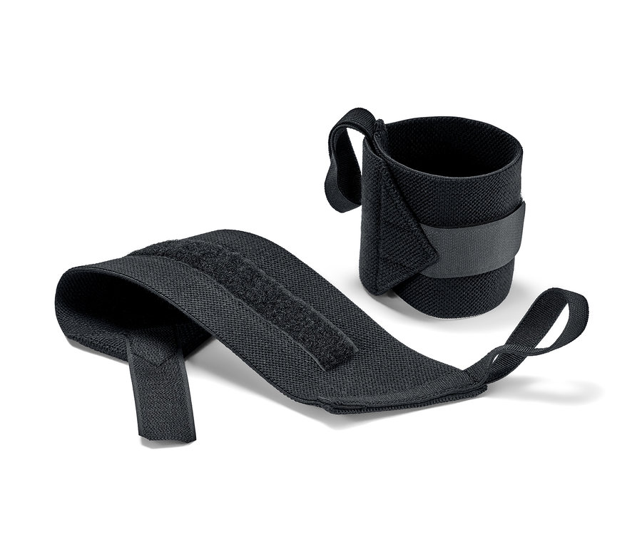 Zwei schwarze Fitness-Handgelenk-Manschetten liegen auf einem weißen Hintergrund.