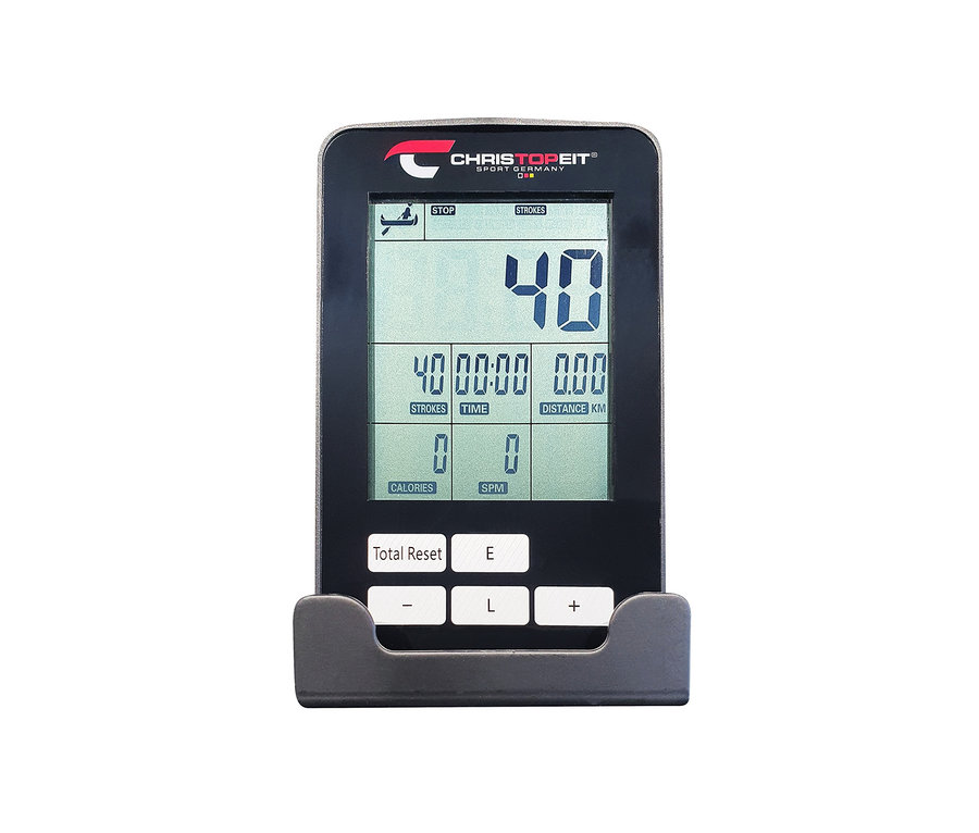 Nahaufnahme des Displays des Christopeit Wasser Rudergerät »WRT 1300«, das Trainingsdaten anzeigt.