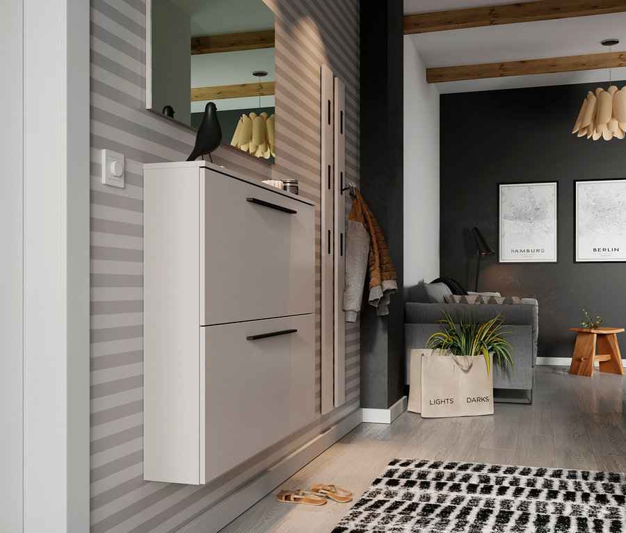 Flur mit Schuhschrank »Utah« in Kaschmir, Spiegel und Dekorationen.