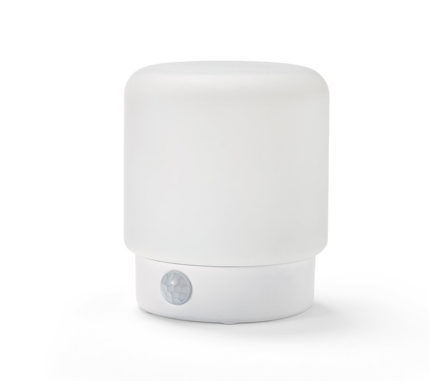 Weißes LED-Mini-Multifunktionslicht mit Bewegungsmelder.
