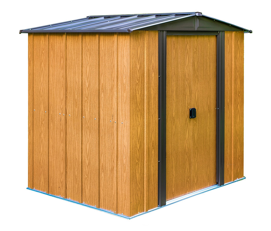Metallgerätehaus »Woodlake 6x5« mit braunen Holzwänden und dunkelgrauem Dach.