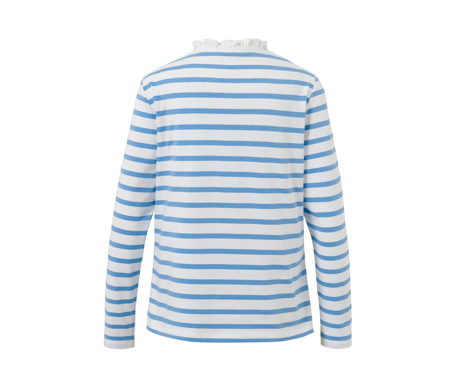 Rückansicht eines Langarmshirts mit Rüschen in blau-weißem Streifenmuster.