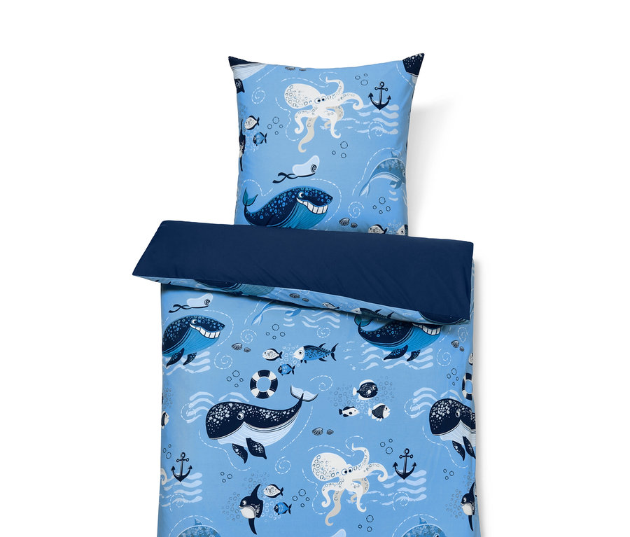 Blaues Kinderbettwäsche-Set mit Meeresmotiven, "Premium-Baumwoll-Bettwäsche, Normalgröße".