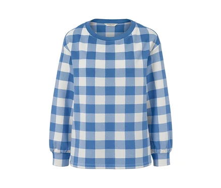 Ein kariertes Sweatshirt mit langen Ärmeln in Blau und Weiß.