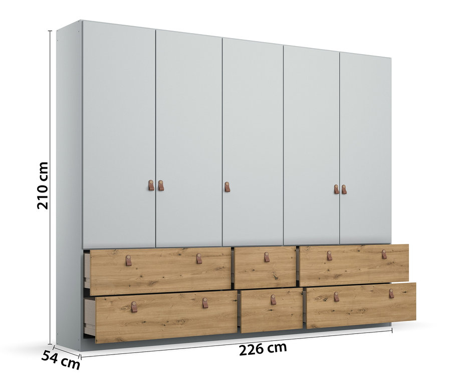 Grauer Rauch Drehtürenschrank »Homey«, 5-türig mit Holzschubladen und braunen Ledergriffen.