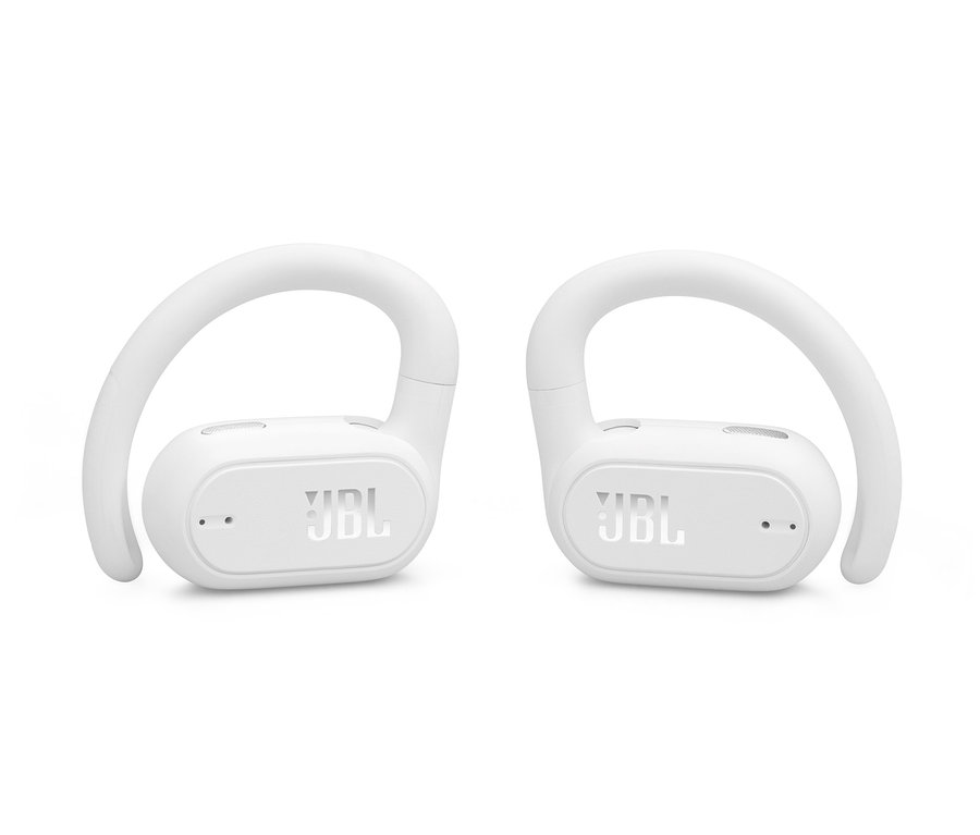 Zwei weiße JBL Soundgear Sense Kopfhörer liegen nebeneinander.
