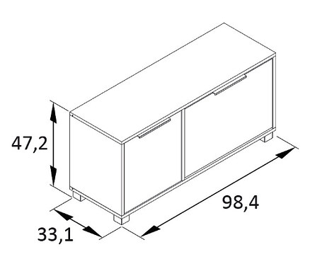 Skizze einer Schuhbank »Loft« mit Maßangaben.