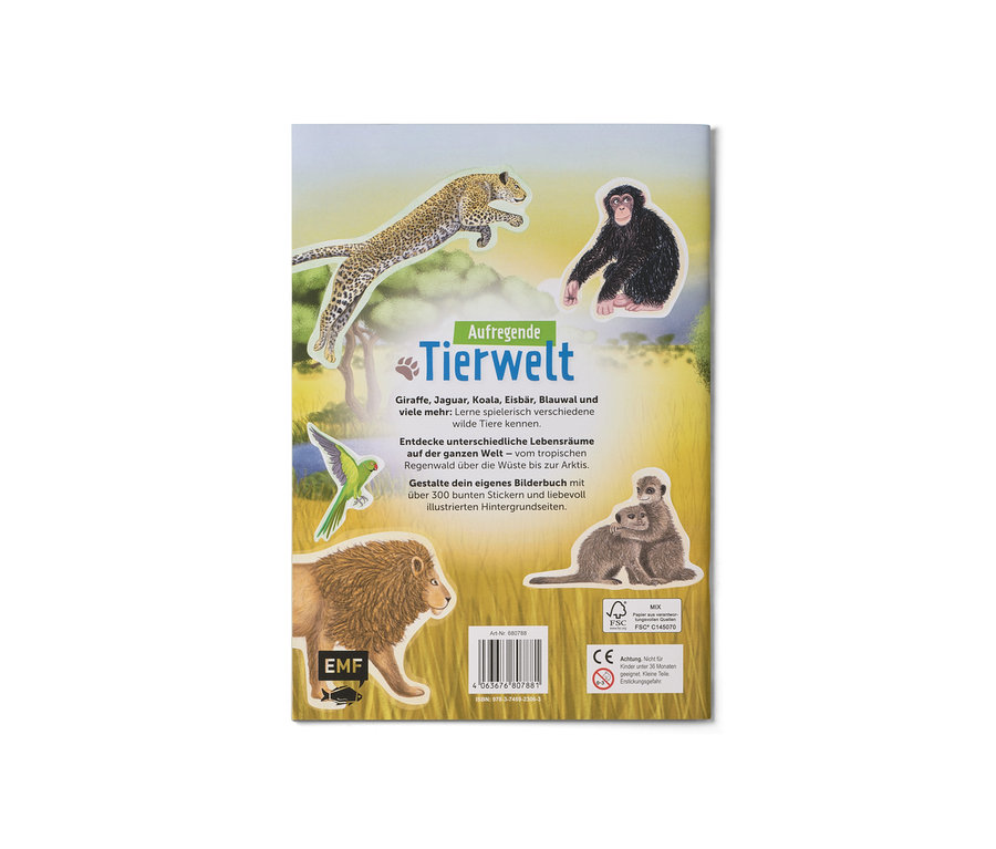 Abbildung eines Stickerbuchs "Faszinierende Stickerwelt – wilde Tiere" mit verschiedenen Tieraufklebern.