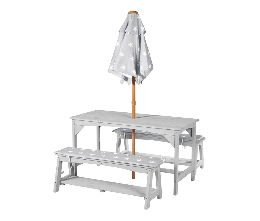 Graue roba Outdoor-Kindersitzgruppe mit Sternmotiv und Sonnenschirm.