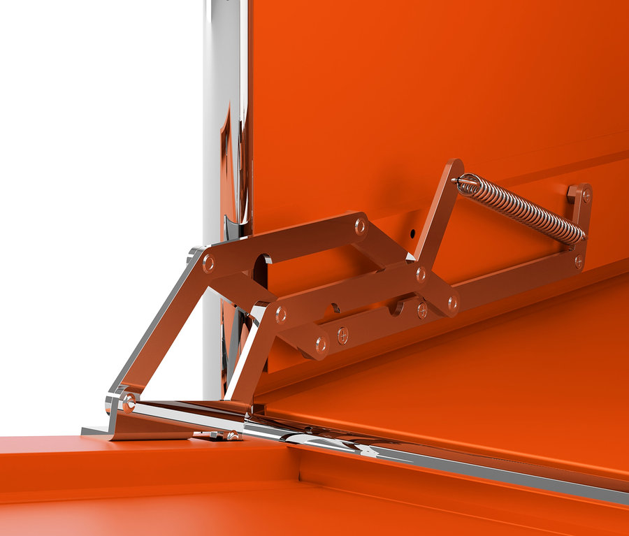 Detailansicht eines geöffneten Sideboards Metall »CN3« mit 4 Klappenfächern, orangefarbenes Interieur.